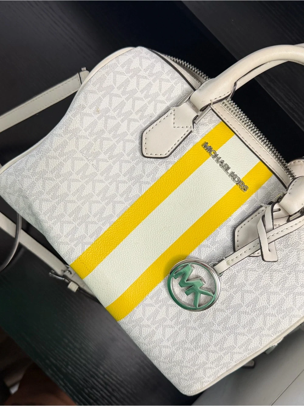 Michael Kors White Satchel with Yellow Stripe